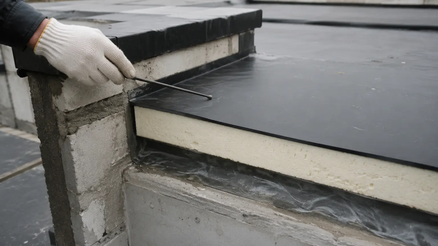 Cross-section of flat roof layers including insulation and EPDM membrane
