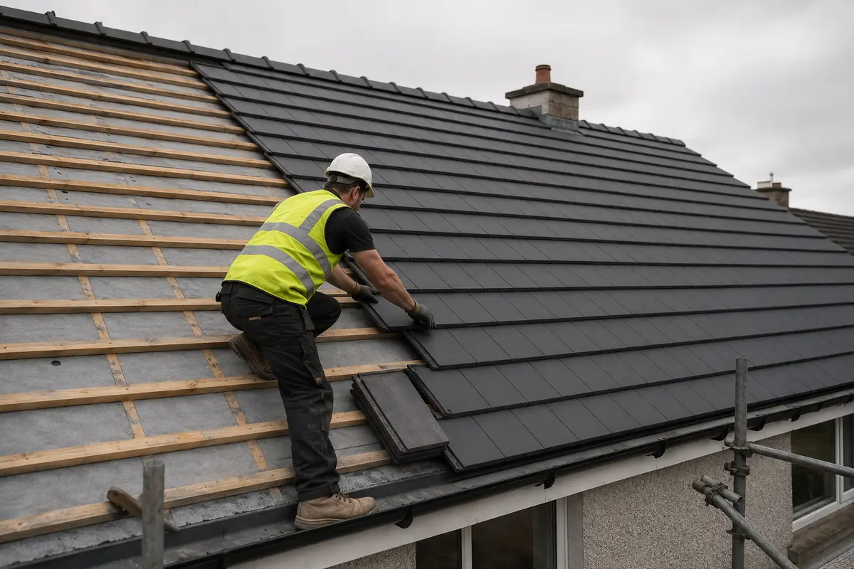 New tiles being laid in courses on a roof