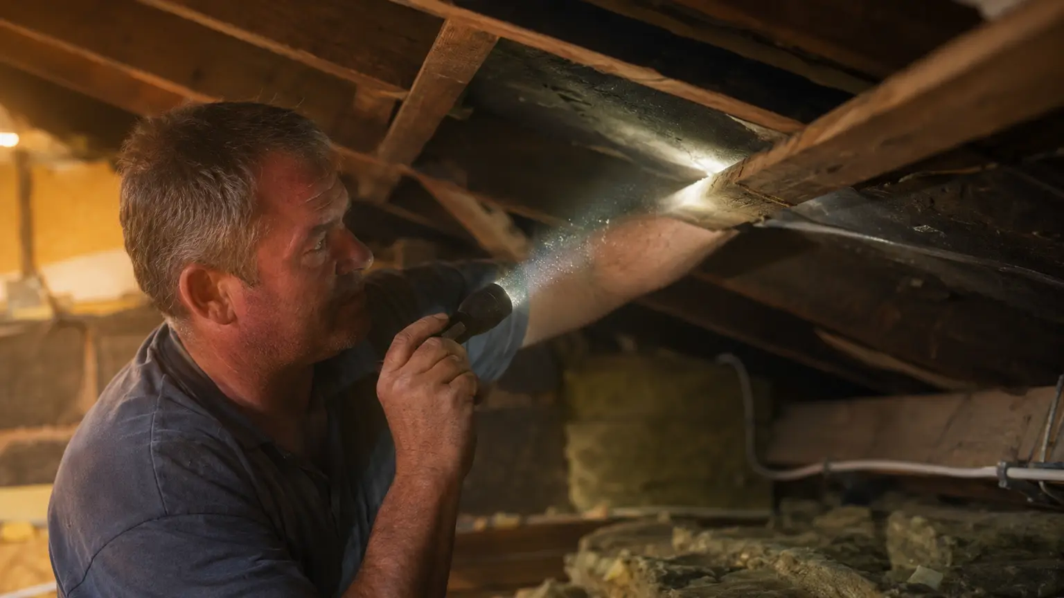 A roofer inspecting a roof from inside the attic