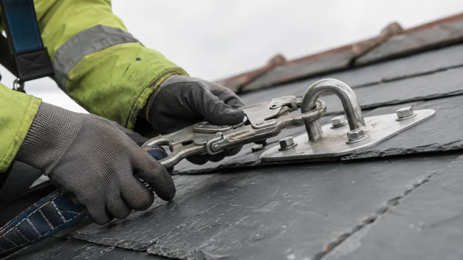 A roofer working in a safety harness