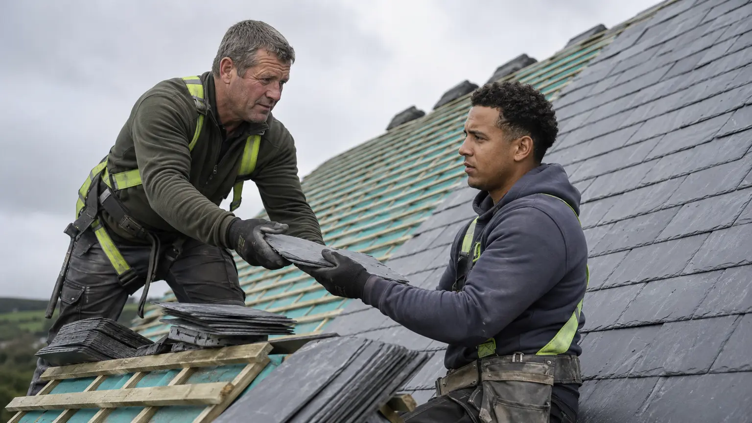 A roofing team at work on a domestic roof