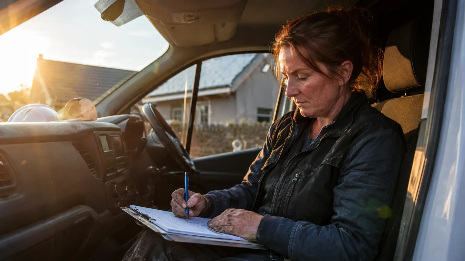 A roofer writing up a quote on site