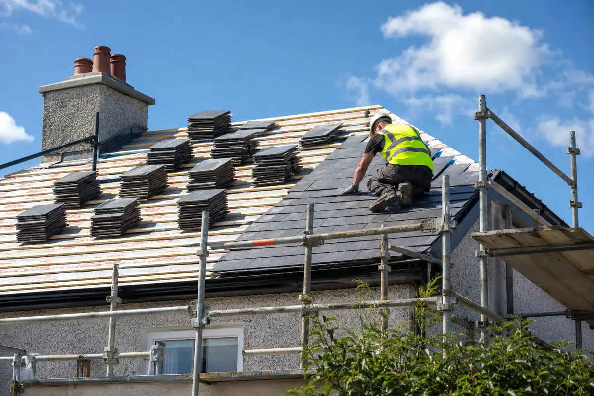 A re-roof under way in dry summer weather