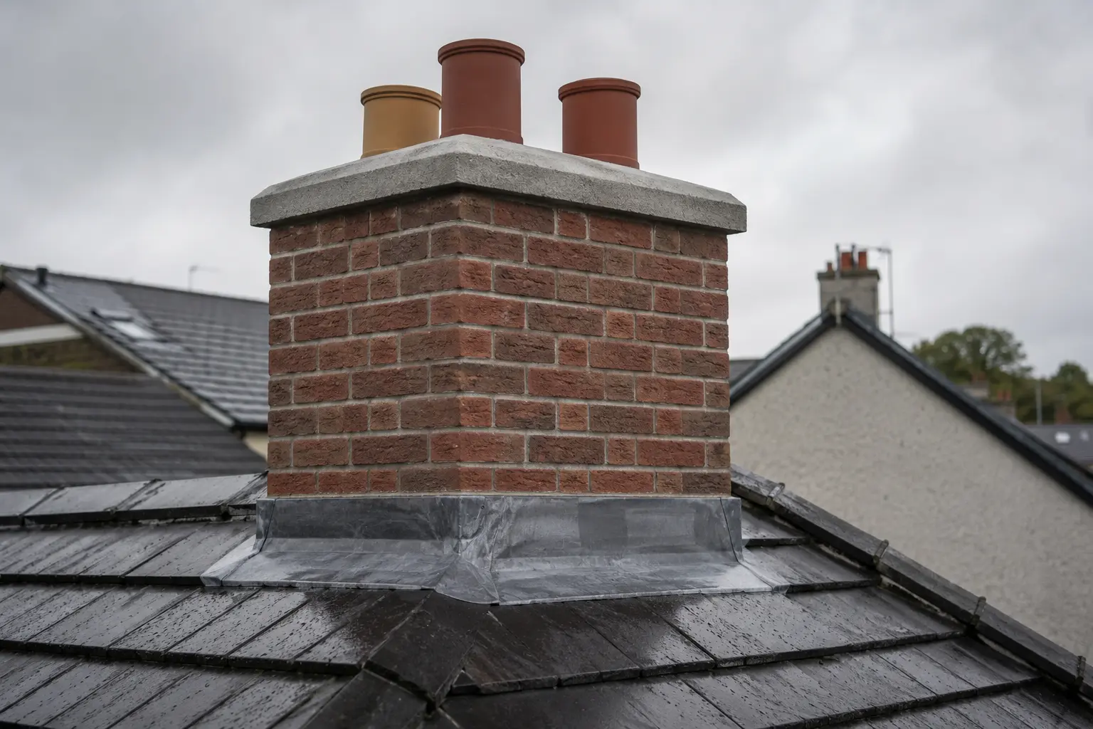 A repointed chimney stack with new lead flashing