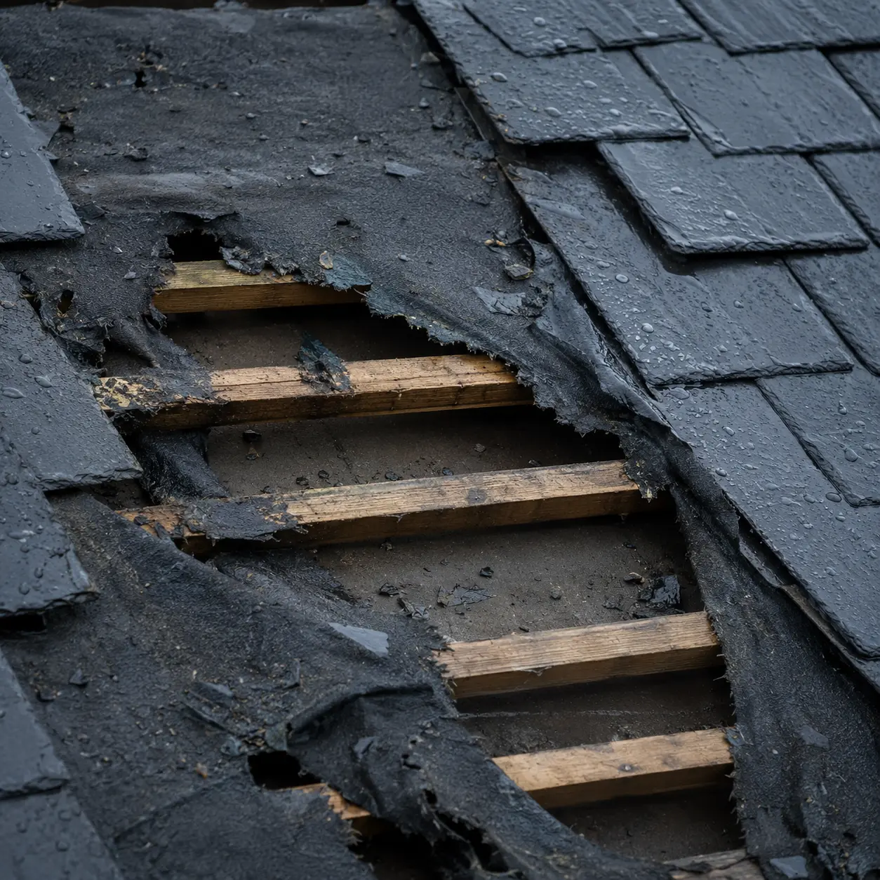 Storm damage to a pitched roof needing an emergency repair