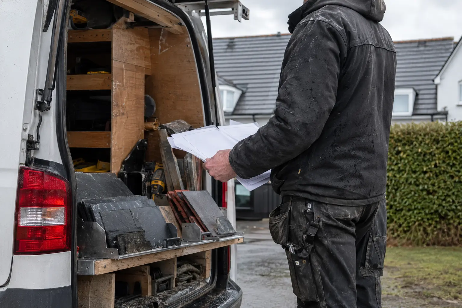 Roofer laying new concrete tiles on battens during a re-roof in Ireland