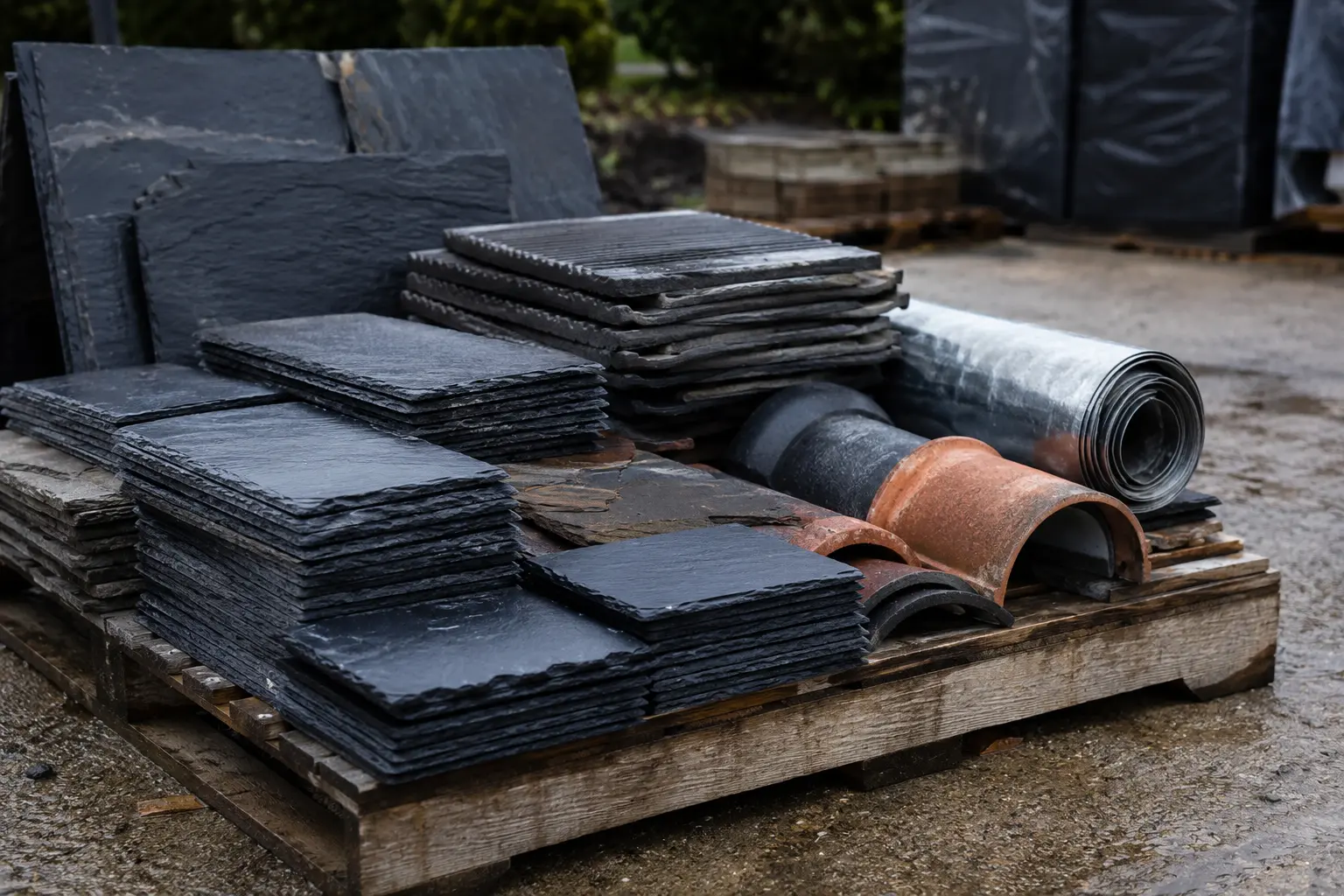 Slate and battens stacked ready for a re-roof