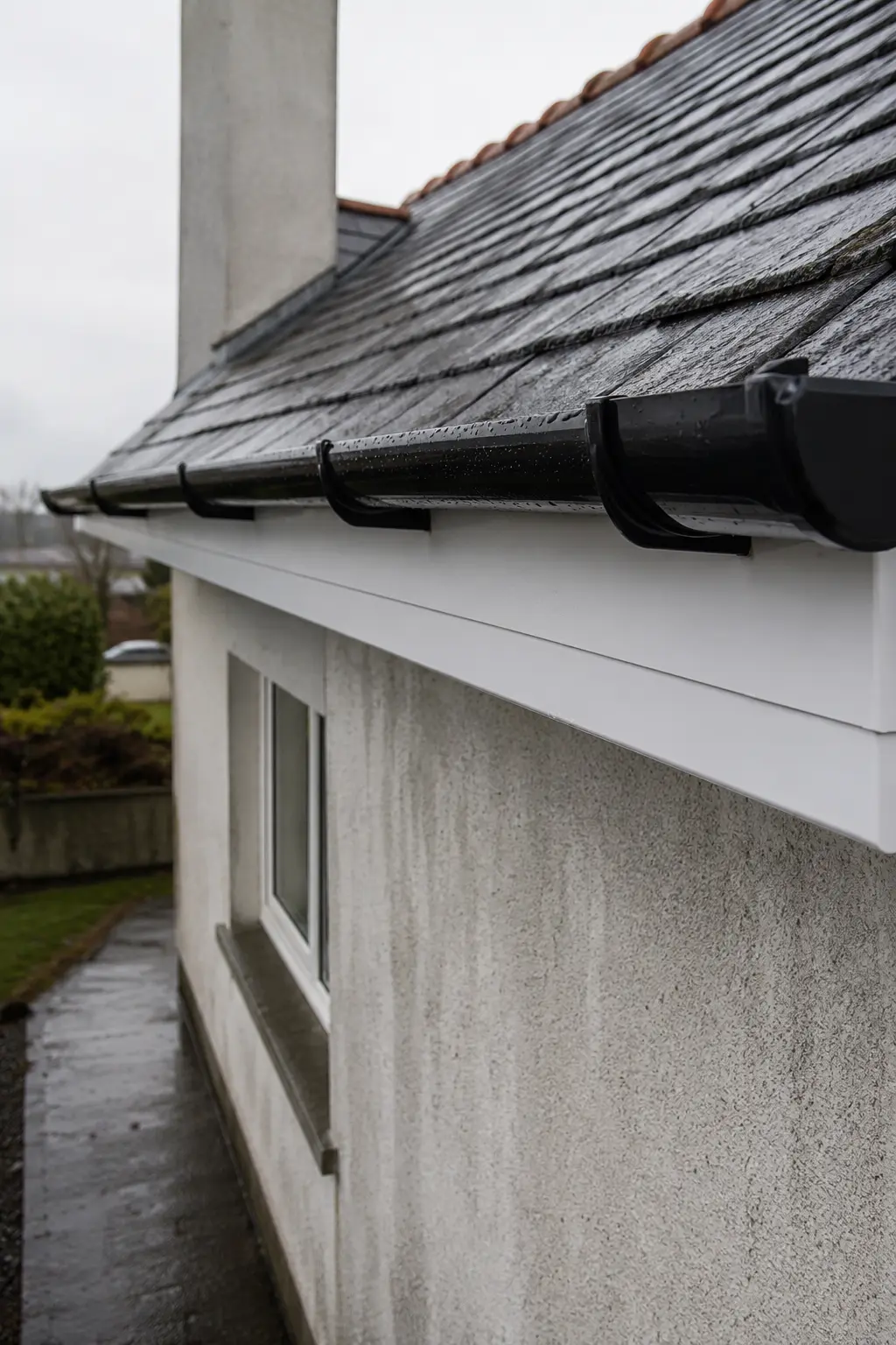New black uPVC gutter and downpipe on the fascia of an Irish house