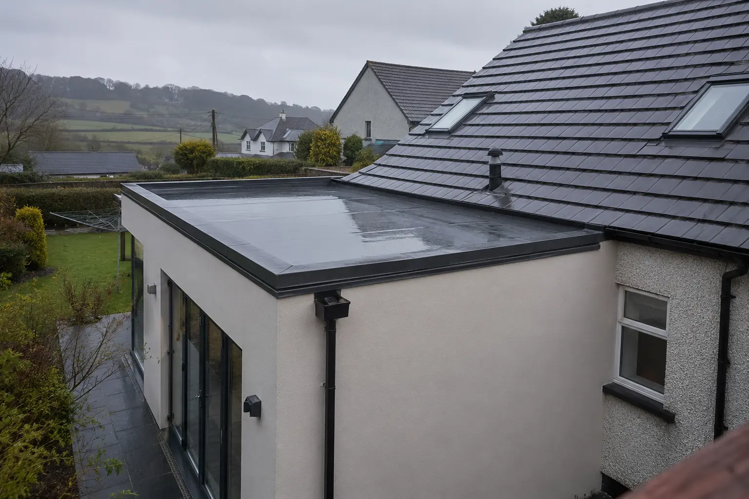 Finished black EPDM flat roof on an Irish house extension