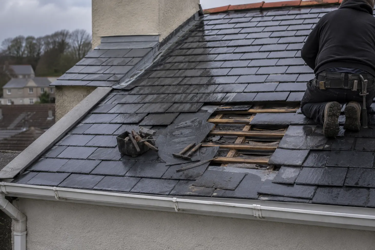 Close-up of storm-damaged roof showing cracked and missing slates