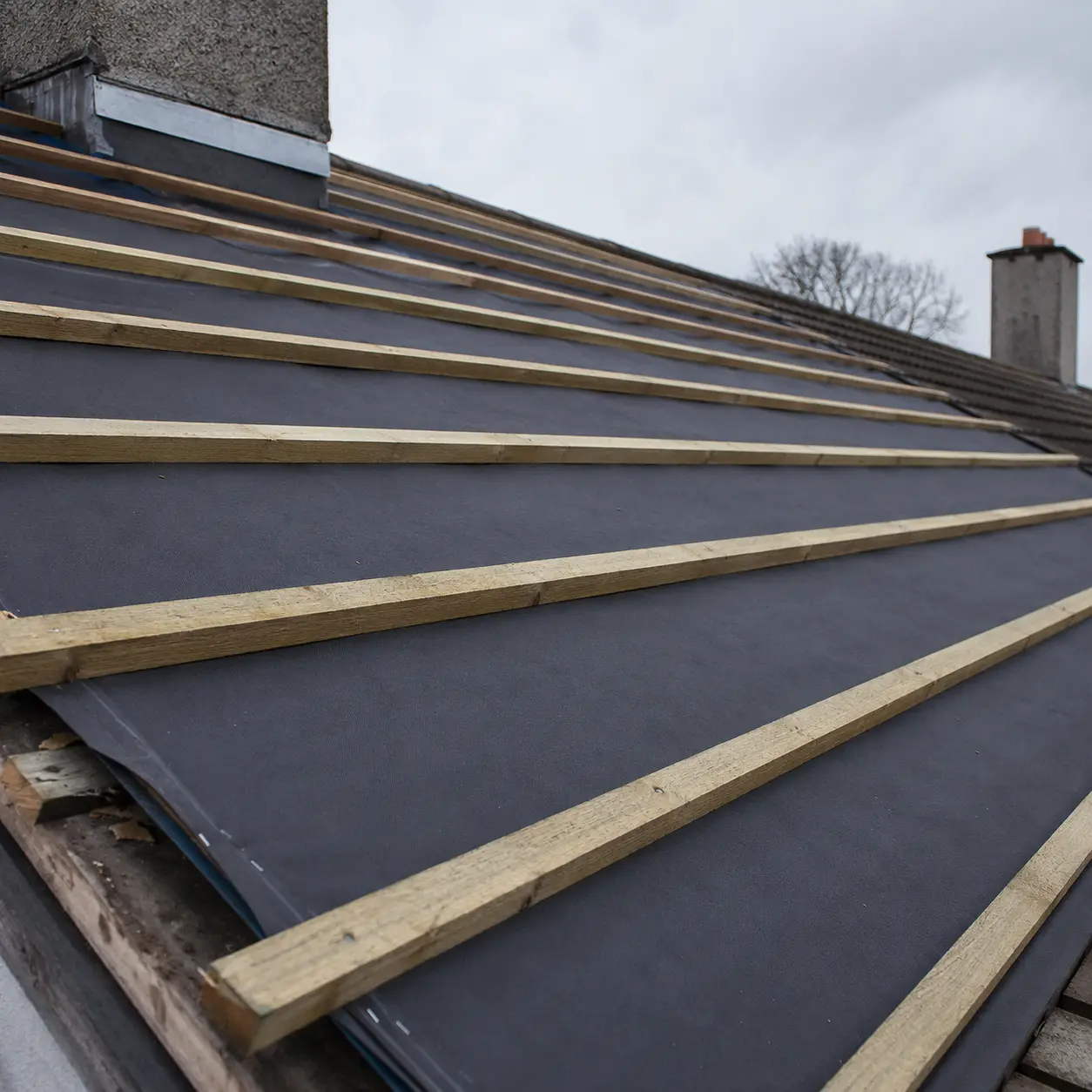 A roof stripped back to the rafters