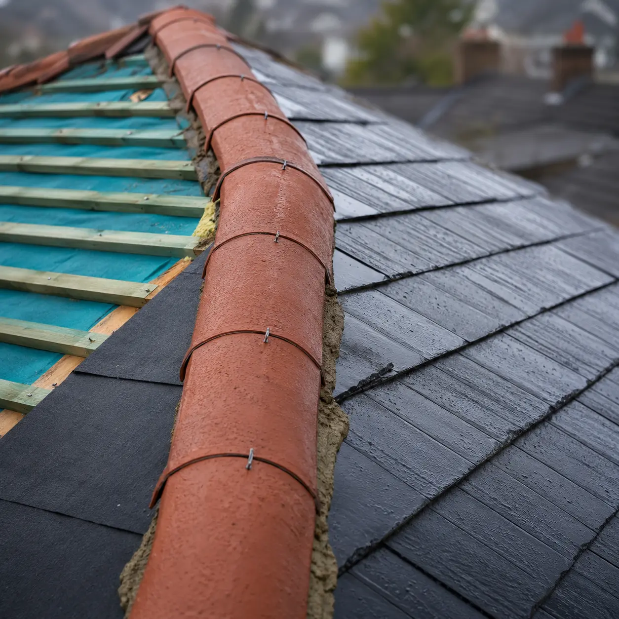 Stripped roof battens and felt during a full roof replacement