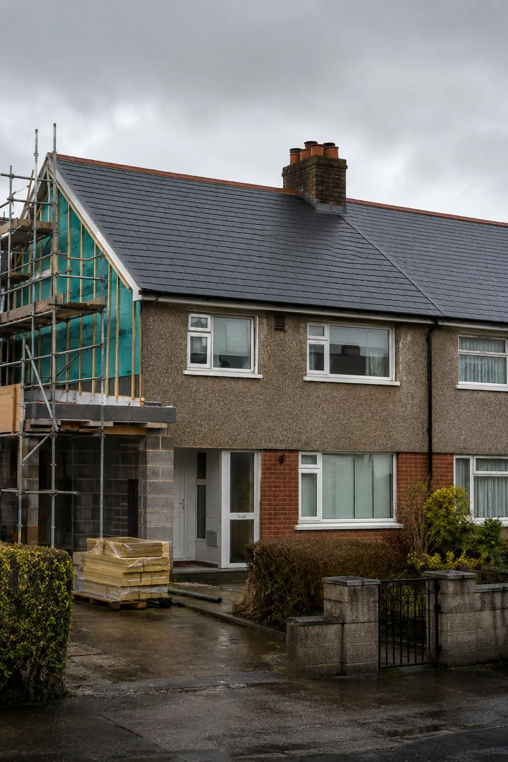 Scaffold on a gable during a re-roof