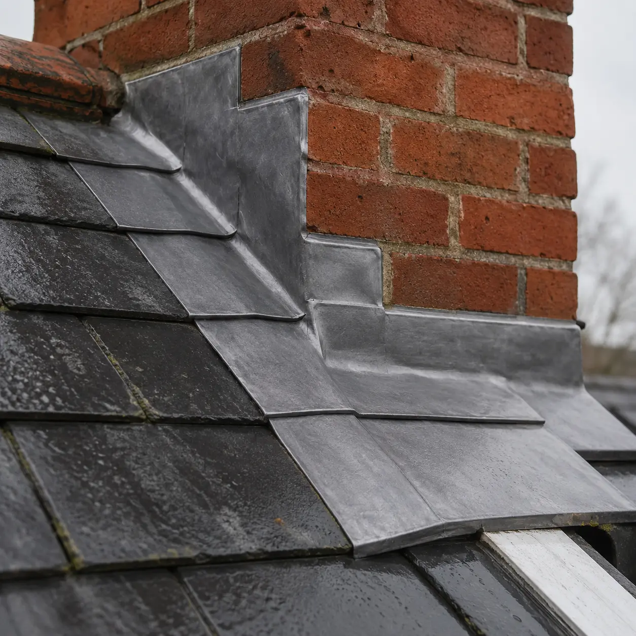 Lead flashing dressed into a chimney on a slate roof