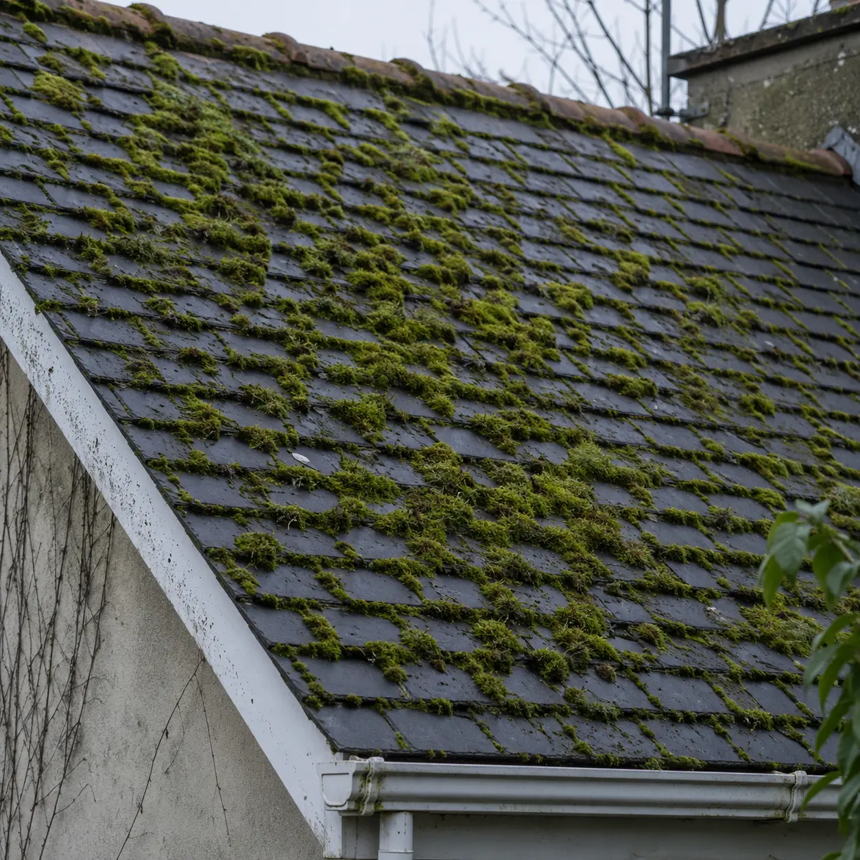 Heavy moss growth along the laps of an aged slate roof