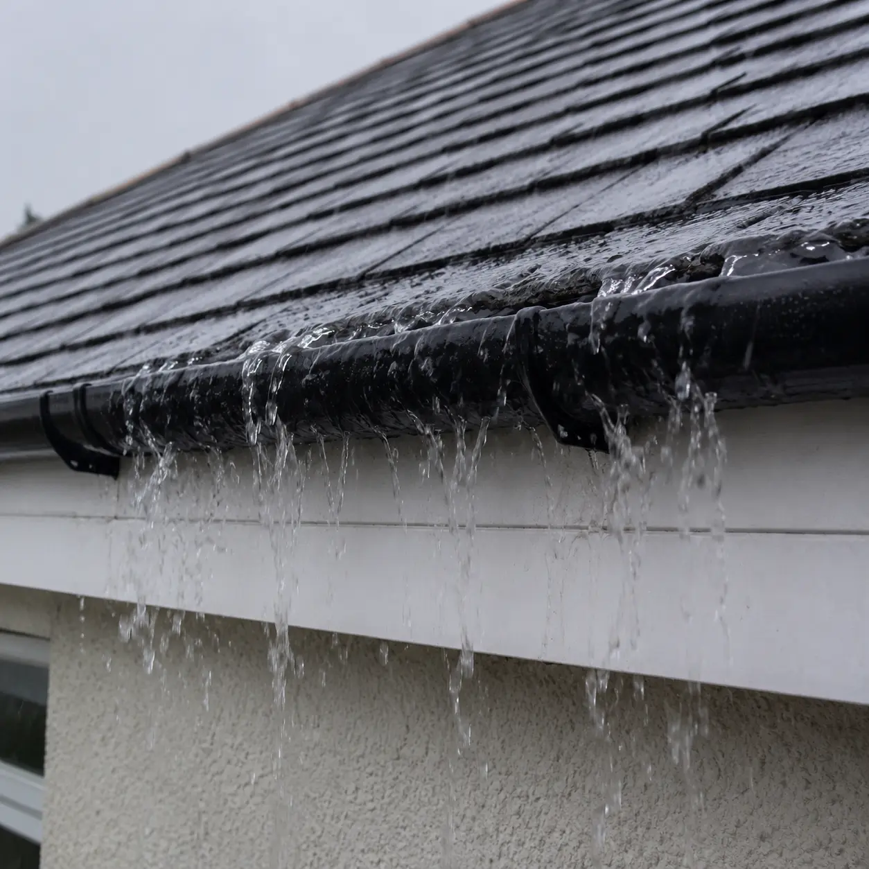 Rainwater spilling over a blocked gutter and down a wall