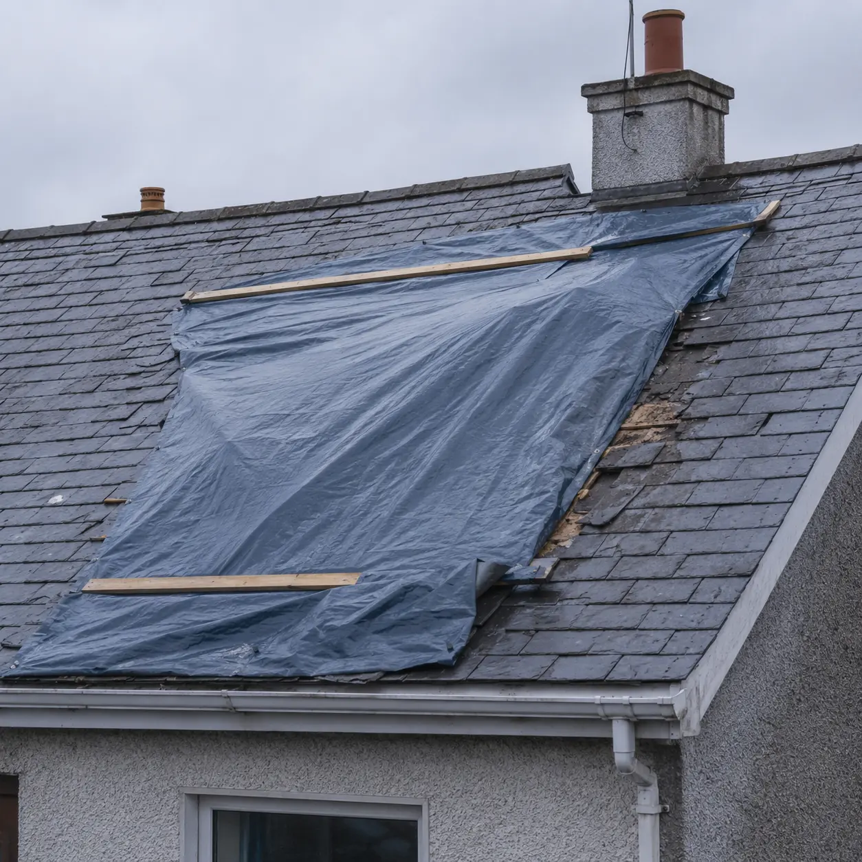 A tarpaulin fixed over storm damage as a temporary make-safe