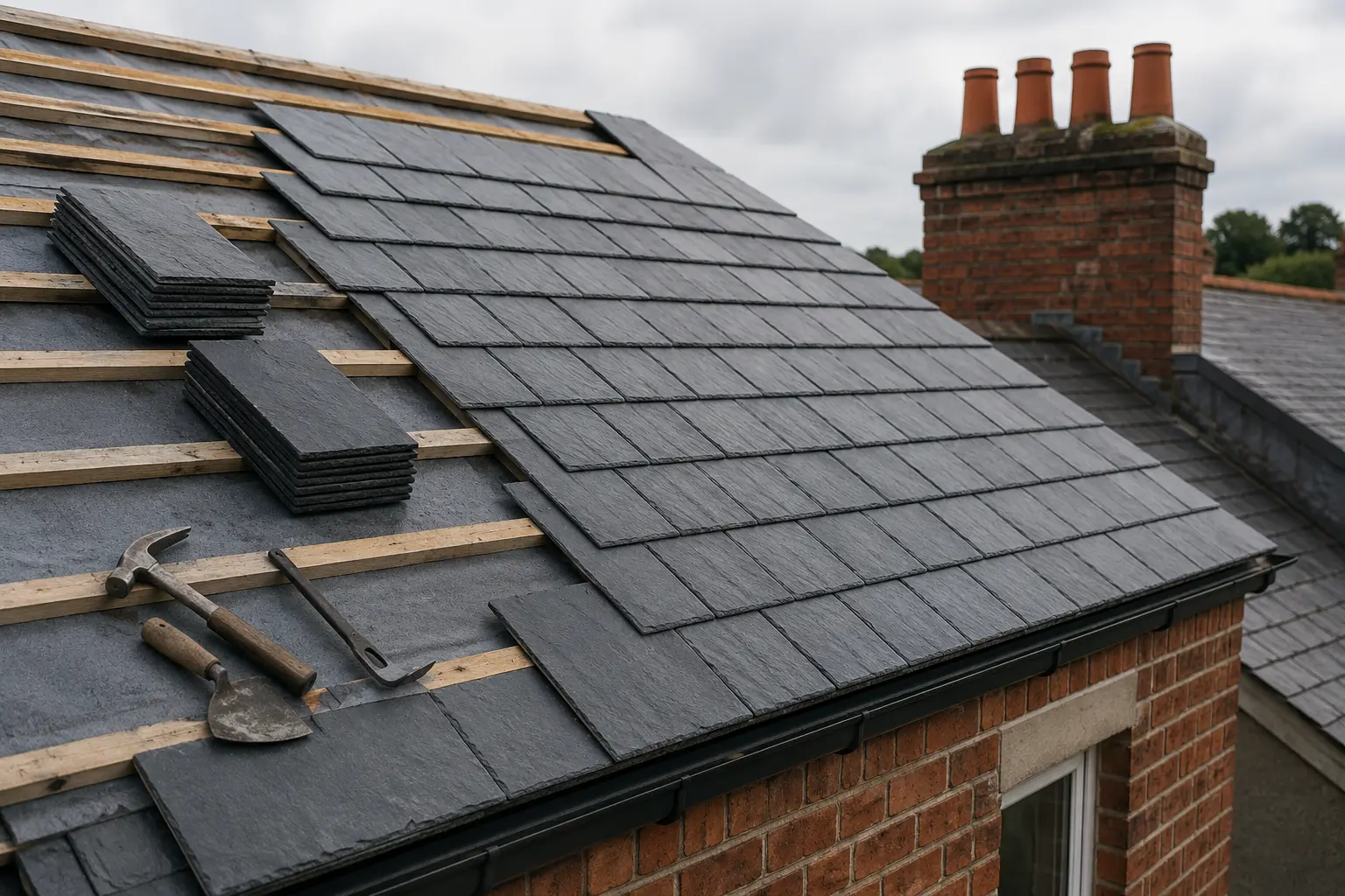 Roofer laying new slates on a roof