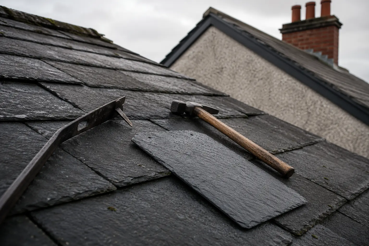 Slate ripper and hammer on a slate roof