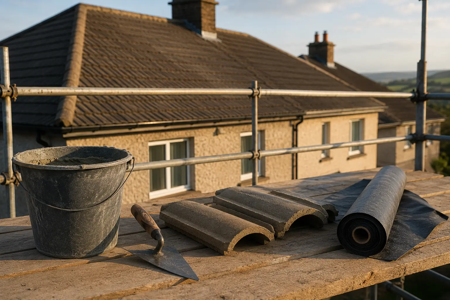 Tiles, felt and tools staged on roof scaffolding